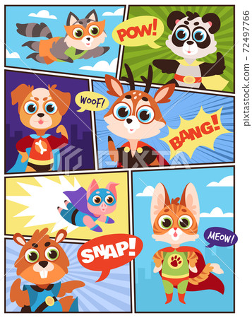 Comic super animals. Comics storyboard with funny costumed masked beasts superheroes and speech bubbles. Kids heroes panda and pig, dog and beaver, deer and cat, cartoon vector characters set 72497766