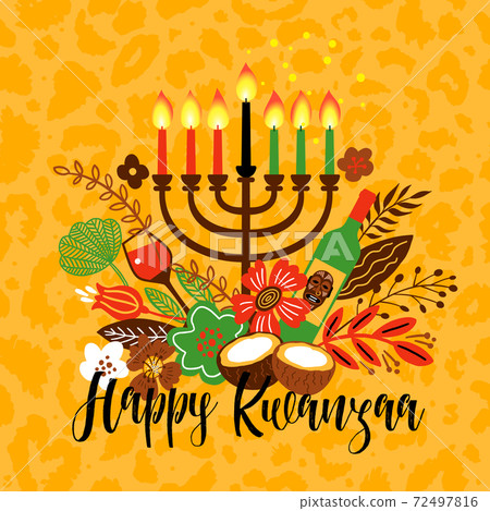 Banner for Kwanzaa with traditional candles representing the Seven Principles or Nguzo Saba. Lettering Happy Kwanzaa. Vector greeting card on leopard background. 72497816