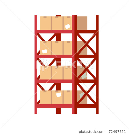 Warehouse shelves with boxes. Red metal rack with cardboard closed parcels, packaging cargo storage and organization, industry shipment, shipping goods vector flat isolated illustration 72497831