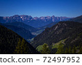 Alps mountain meadow tranquil summer view. Landscape with fog in mountains and rows of trees 72497952