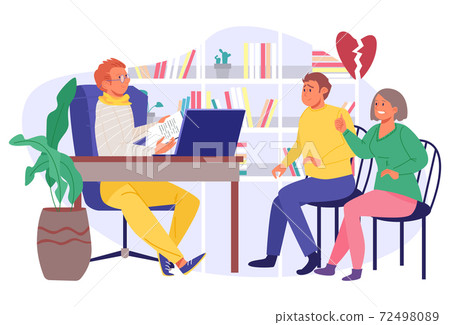 Psychologist listen to family problem, psychology therapy for man woman couple, vector illustration. Psychotherapy help for patient 72498089