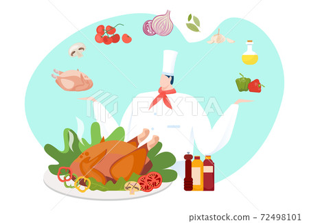 Chef cook cuisine meal, cooking man character vector illustration. Flat man make restaurant food for gourmet, person in uniform hat. Chef cook cuisine meal, cooking man character vector illustration. Flat man make restaurant food for gourmet, person in uniform hat. 72498101