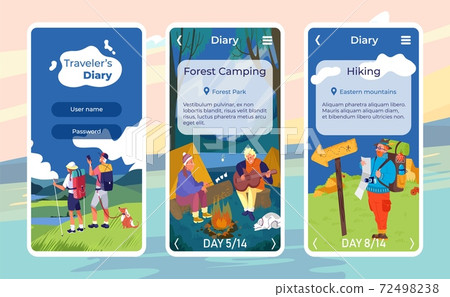 Travel diary design, vector illustration. Vacation landscape nature at mobile app banner set, people at outdoor summer camp. 72498238