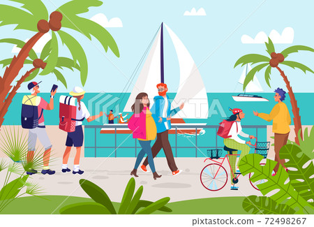 People at summer sea resort, vector illustration. Man woman cartoon character walk at ocean seaside, holiday vacation scenery. 72498267