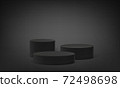 Podium platform on 3D base stand, vector round stage pedestal on black gray background. Round pillar block stand or scene pedestal in studio, empty isolated columns on podium platform 72498698