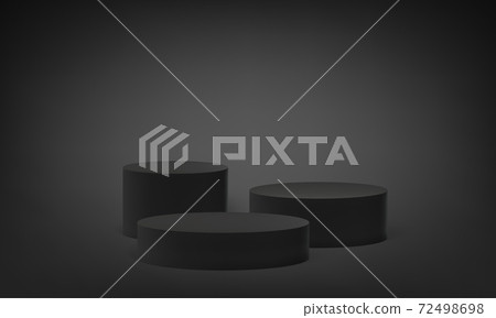 Podium platform on 3D base stand, vector round stage pedestal on black gray background. Round pillar block stand or scene pedestal in studio, empty isolated columns on podium platform 72498698