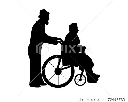 Silhouettes of grandfather walking grandmother in wheelchair 72498783