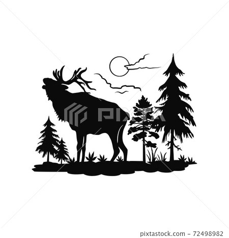 Deer, Male, Horned - forest landscape, Wildlife Stencils - forest Silhouettes, Wildlife clipart, vector, vinyl shirt design. 72498982