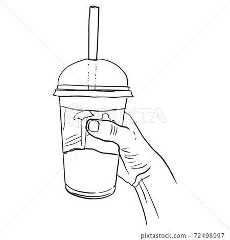 Outline sketch of hand hold drink in a plastic glass with a straw 72498997