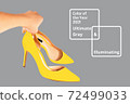 Bright illuminating yellow shoes in woman's hand on gray background.  72499033