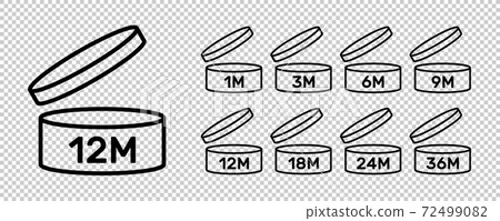 Period after open icons isolated on transparent background. PAO symbols. Round box with cap opened. Expiration period in months signs for cosmetic packaging. Vector illustration Period after open icons isolated on transparent background. PAO symbols. Round box with cap opened. Expiration period in months signs for cosmetic packaging. Vector illustration 72499082