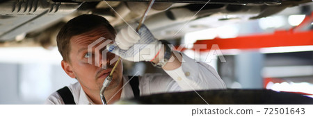 Auto mechanic repairing car at repair service station 72501643