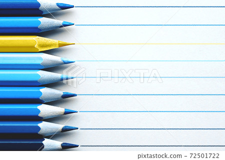 Pencils on soft grey background. Concept of color of the year 2021 yellow and 2020 blue. 72501722