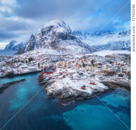 Landscape With Blue Sea Snowy Mountains High Stock Photo