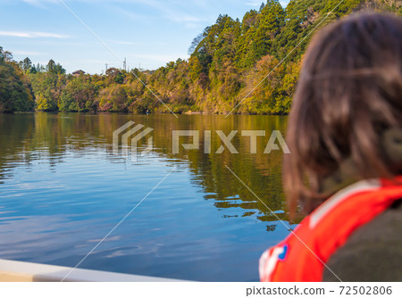 [Tourists enjoying the autumn colors of Lake Kameyama from a cruise ship] 72502806
