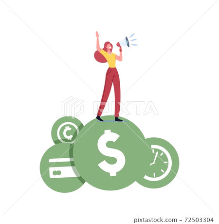 Tiny Female Character Yell in Loudspeaker Proclaim her Values Money, Finance Freedom, Time Isolated on White Background Tiny Female Character Yell in Loudspeaker Proclaim her Values Money, Finance Freedom, Time Isolated on White Background 72503304