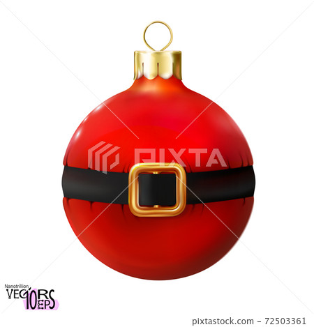 Red Christmas ball decorated Santa Claus belt, glossy mockup realistic bauble isolated. Red Christmas ball decorated Santa Claus belt, glossy mockup realistic bauble isolated. 72503361