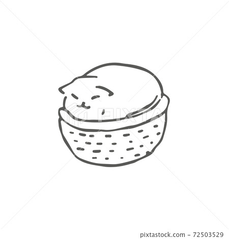 Hand-drawn illustration of a cat sleeping in a basket 72503529