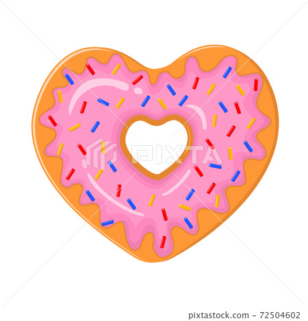 Heart shaped donut isolated on white background. Delicious dessert, sweet snack for Valentines day. Doughnut decorated with pink glaze and colorful sprinkles. Vector illustration 72504602