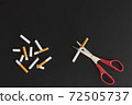 Overhead view broken cigarette with copy space and note , Stop smoking initiative concept of breaking cigarettes with workplace and pencil, Top view no smoke text with Scissor on black background, Wor 72505737