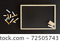 Overhead view broken cigarette with copy space and chalkboard, Stop smoking initiative concept of breaking cigarettes with workplace, Top view panorama no smoke text on black background, World no toba 72505743