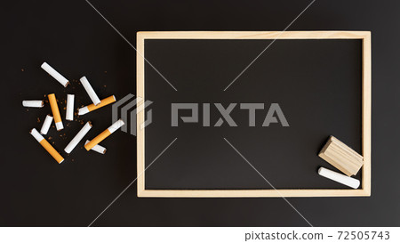 Overhead view broken cigarette with copy space and chalkboard, Stop smoking initiative concept of breaking cigarettes with workplace, Top view panorama no smoke text on black background, World no toba 72505743