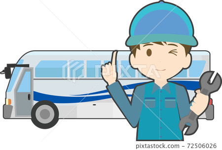 Illustration of a mechanic pointing at the bus - Stock Illustration ...