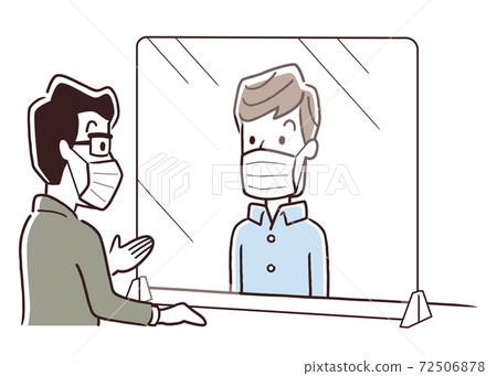 Vector illustration material: Corona measures, partition, window, customer service, reception, mask, correspondence 72506878