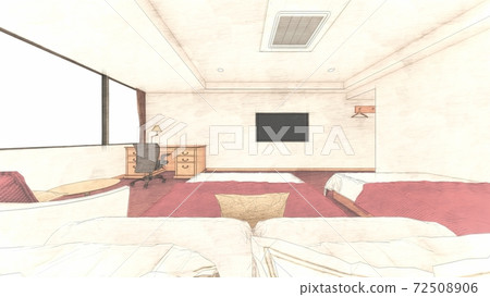 酒店雙人床紅色底座室內透視圖透視背景海65 插圖素材 圖庫