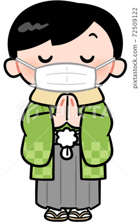 Kimono boy wearing a mask and holding hands Kimono boy wearing a mask and holding hands 72509122