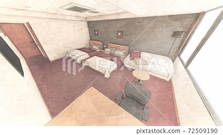 Hotel Double Bed Red Base Interior Perspective No Background 72 72509190