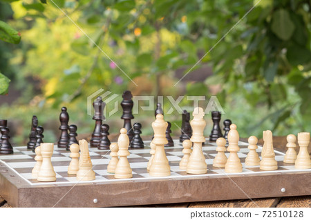 Chess board with chess pieces on desk with branches of apple tree 72510128
