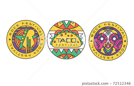 Festival Logos Set, Piano, Rock Music, Taco Festival Labels or Stickers of Round Shape Vector Illustration Festival Logos Set, Piano, Rock Music, Taco Festival Labels or Stickers of Round Shape Vector Illustration 72512346