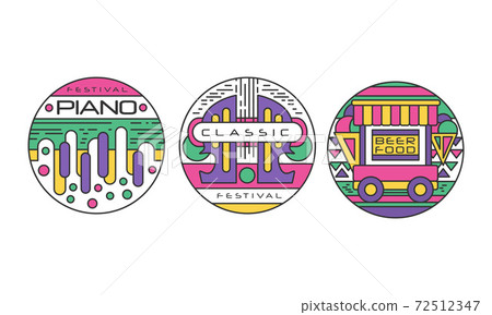 Festival Logos Set, Piano, Classic Music, Food and Beer Festival Labels or Stickers of Round Shape Vector Illustration Festival Logos Set, Piano, Classic Music, Food and Beer Festival Labels or Stickers of Round Shape Vector Illustration 72512347