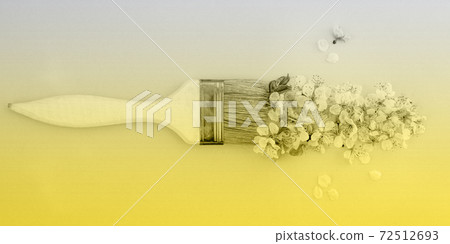 Demonstrating trendy colors 2021 - Gray and Yellow. Color of the year 2021. Illuminating, Ultimate gray. Paintbrush with flowers. Demonstrating trendy colors 2021 - Gray and Yellow. Color of the year 2021. Illuminating, Ultimate gray. Paintbrush with flowers. 72512693