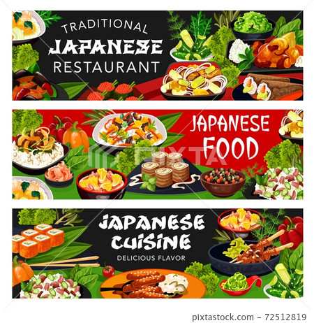 Japanese restaurant food with Asian dishes banners Japanese restaurant food with Asian dishes banners 72512819