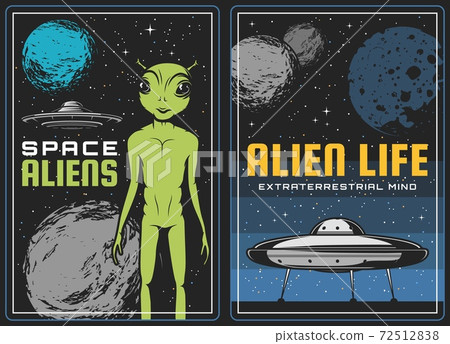 Retro poster with alien and ufo spaceship in space 72512838