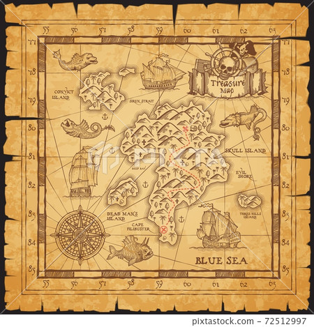 Pirate treasure map of skull island vector sketch 72512997