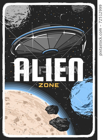 Alien ufo on planet orbit in space vector poster Alien ufo on planet orbit in space vector poster 72512999