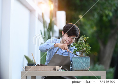 Asian young man wearing apron caring for plant bonsai at home. Home of hobbies. Asian young man wearing apron caring for plant bonsai at home. Home of hobbies. 72516109