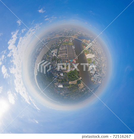 Little planet 360 degree sphere. Panorama of aerial view of Bhumibol Bridge and Chao Phraya River in structure of suspension architecture concept, Urban city, Bangkok. Downtown area, Thailand. Little planet 360 degree sphere. Panorama of aerial view of Bhumibol Bridge and Chao Phraya River in structure of suspension architecture concept, Urban city, Bangkok. Downtown area, Thailand. 72516267