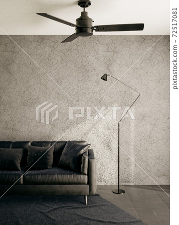 Modern loft style interior of a living room 3d render. The Rooms have loft grey walls and tile flooring. Furnished with black sofa 72517081