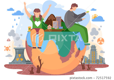 Planet destroyed by human activity. Unsuccessful Earth care. Globe polluted by factories 72517592