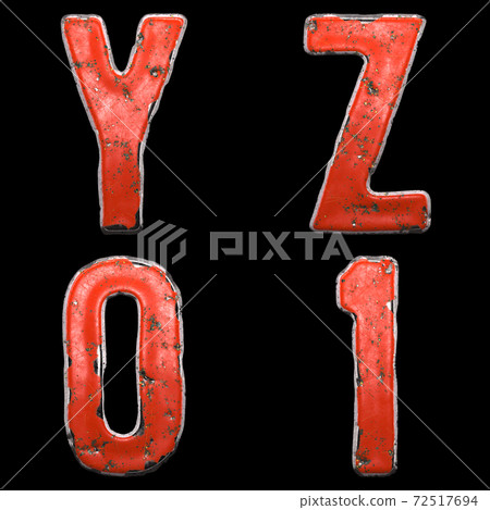 Set of letters Y, Z and numbers 0, 1 made of red painted metal isolated on black background. 3d 72517694