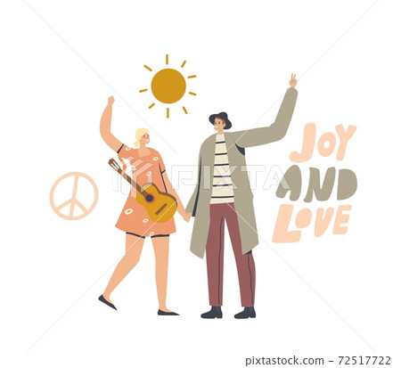 Friendship Concept. Hippies Male and Female Characters with Guitar and Peace Symbol Waving Hands. Man and Woman Pacifist 72517722