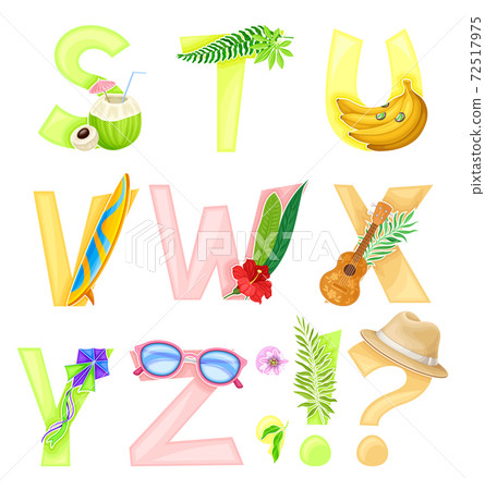 Bright Summer Alphabet with Sunny Season Attributes Vector Set Bright Summer Alphabet with Sunny Season Attributes Vector Set 72517975