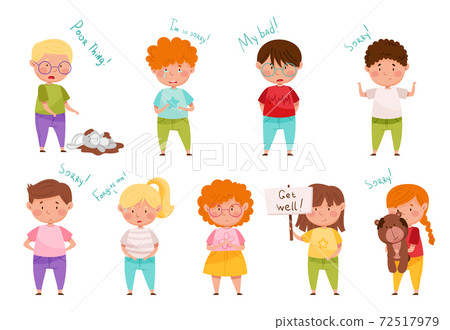 Little Boy and Girl Feeling Sorry and Expressing Regret for Bad Thing Vector Set 72517979