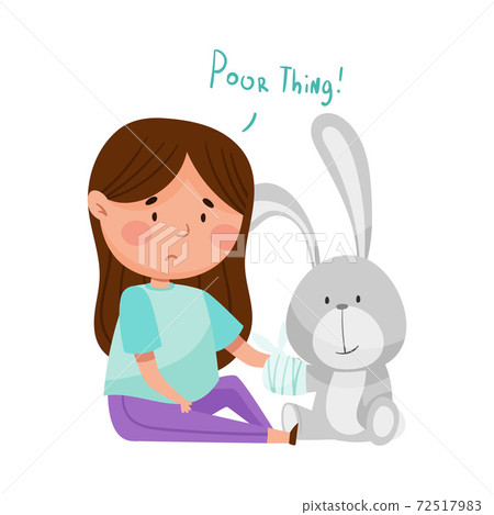 Sad Girl Feeling Pity about Fluffy Hare Toy with Bandaged Paw Vector Illustration 72517983