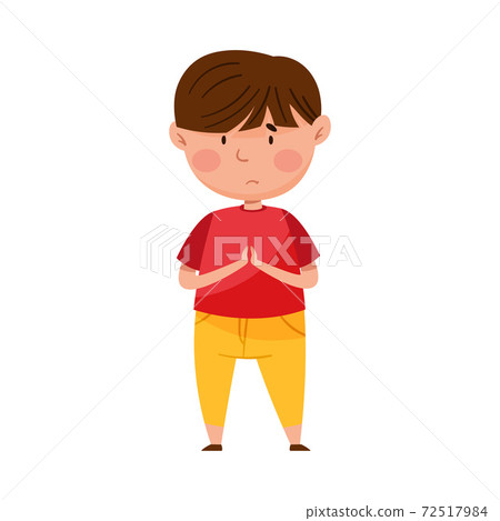 Confused Little Boy Putting His Hands Together Feeling Sorry and Expressing Regret Vector Illustration 72517984