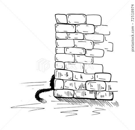 The cat hid behind a brick wall. Hand-drawn black and white sketch. Vector illustration 72518974